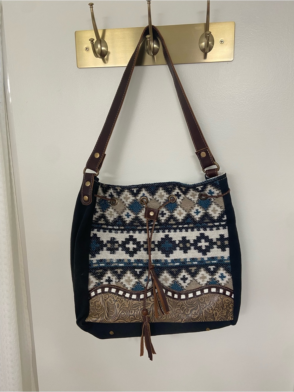 Myra Bag Boho Southwestern Bucket Shoulder Bag Leather Canvas Tassel
